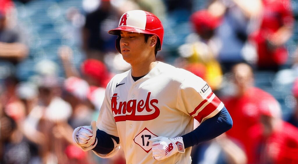 Shohei Ohtani looks ahead after hitting a home run.