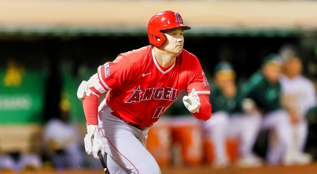 Shohei Ohtani of Los Angeles Angels looking ahead after a hit.