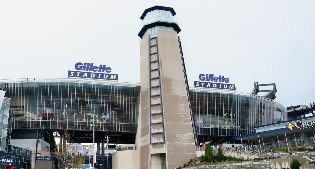 Exterior photo of Gillette Stadium.