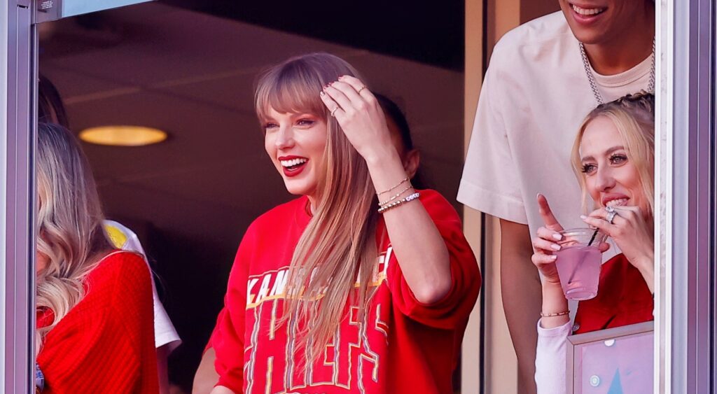 Taylor Swift looking on at Kansas City Chiefs game.
