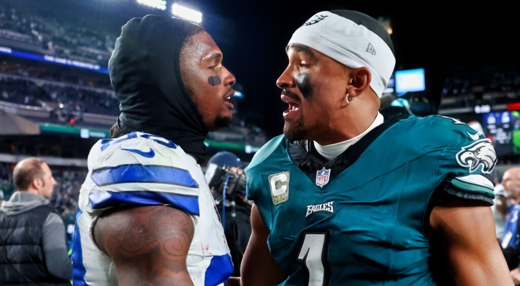 CeeDee Lamb (left) talking to Jalen Hurts (right) after Cowboys-Eagles Game.