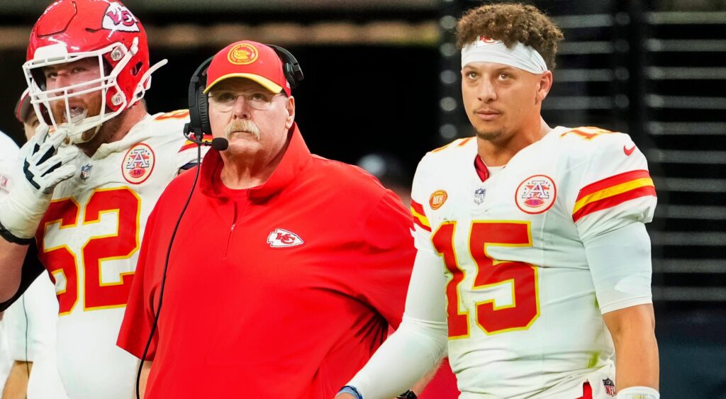 Andy Reid (left) and Patrick Mahomes (right) looking on during game.