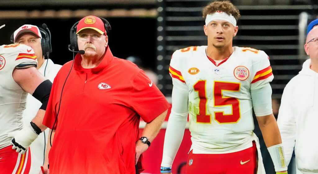 Andy Reid (left) and Patrick Mahomes (right) looking on.