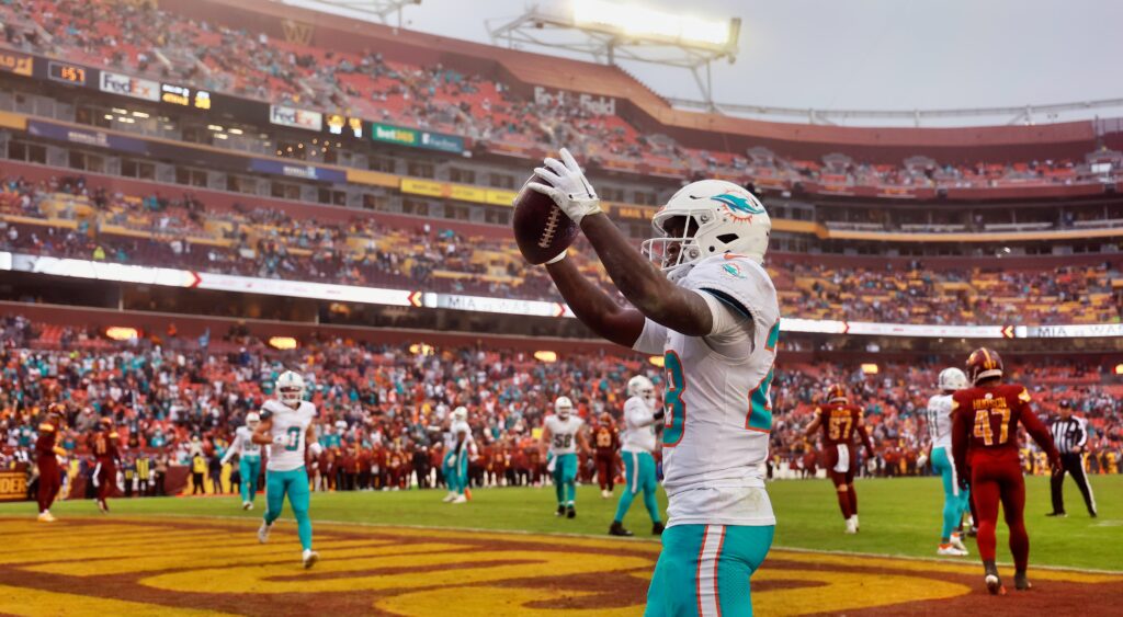 Dolphins player celebrates a touchdown at Fedex Field.