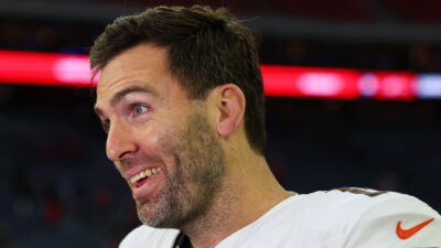 Joe Flacco in uniform and doing interview
