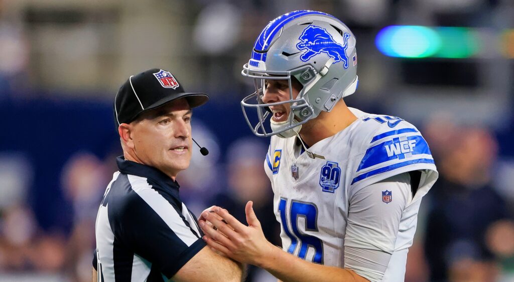 Jared Goff of Detroit Lions arguing with NFL official.