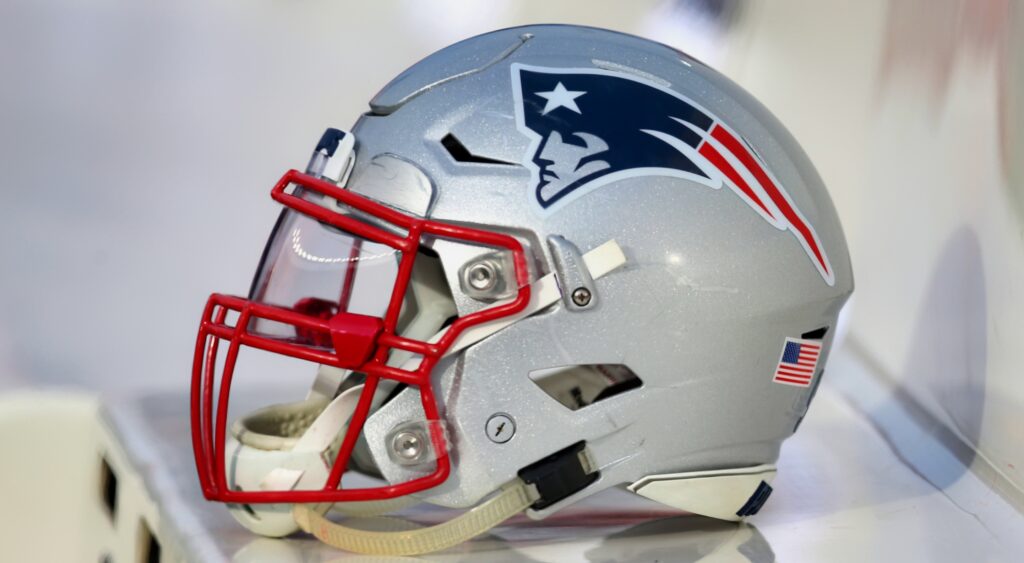 New England Patriots helmet shown at Gillette Stadium.