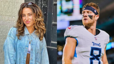 Photo of Gia Duddy smiling and photo of Will Levis in Titans gear