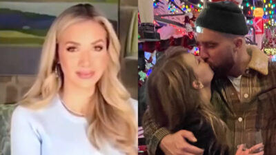 Photo of Gracie Hunt smiling and photo of Travis Kelce kissing Taylor Swift