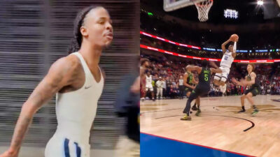 Photo of Ja Morant running through tunnel and photo of Ja Morant about to score game winner