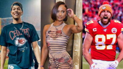 Photos of Jackson Mahomes in Chiefs t-shirt, Kayla Nicole in skintight outfit and Travis Kelce in Chiefs gear