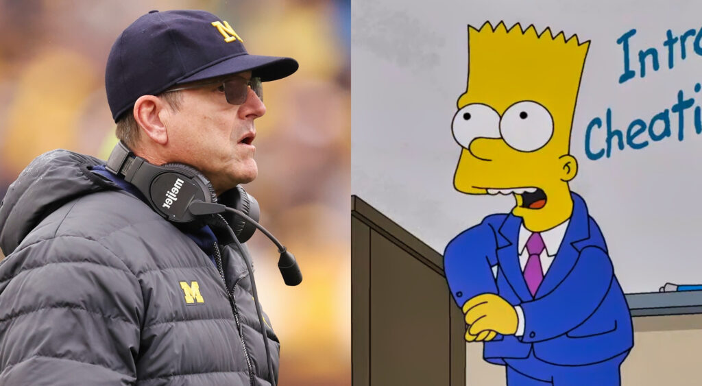 Photo of Jim Harbaugh in Michigan gear and still of Bart Simpson from 'The Simpsons' episode