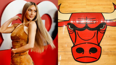 Photo of Kim Kardashian in brown dress and hoto of Bulls logo