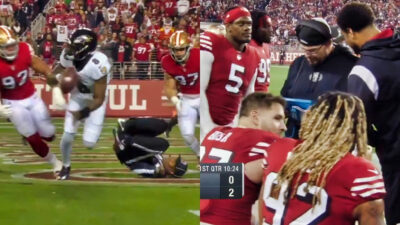 Photo of Lamar Jacksongetting tripped by the ref and photo of 49ers bench