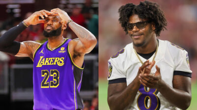 Photo of LeBron James with hands on his head and photo of Lamar Jackson smiling