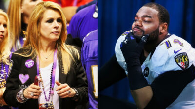 Photo of Leigh anne Tuohy celebrating Super Bowl win and photo of Michael Oher with a hand on his chin