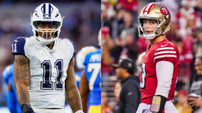 Photo of Micah Parsons in Cowboys gear and photo of Brock Purdy in 49ers gear
