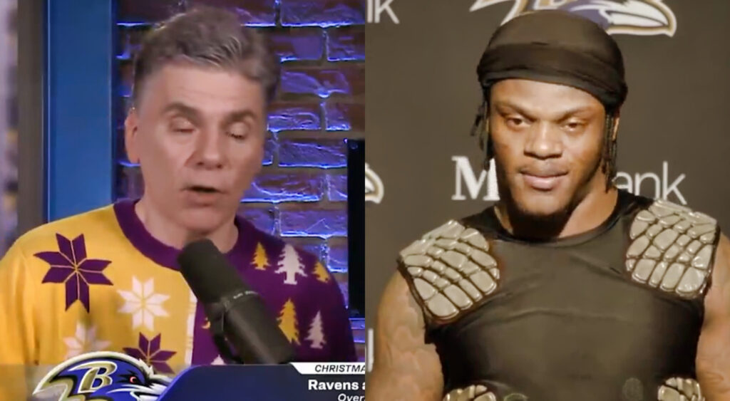 Photo of Mike Florio speaking into a mic and photo of Lamar Jackson speaking to reporters