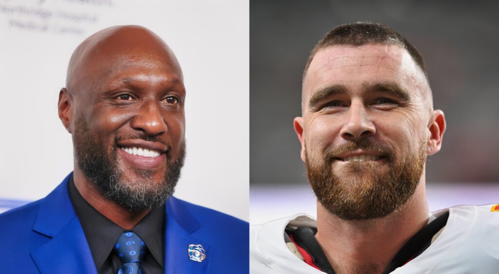 Lamar Odom (left) smiling at event. Travis Kelce (right) 