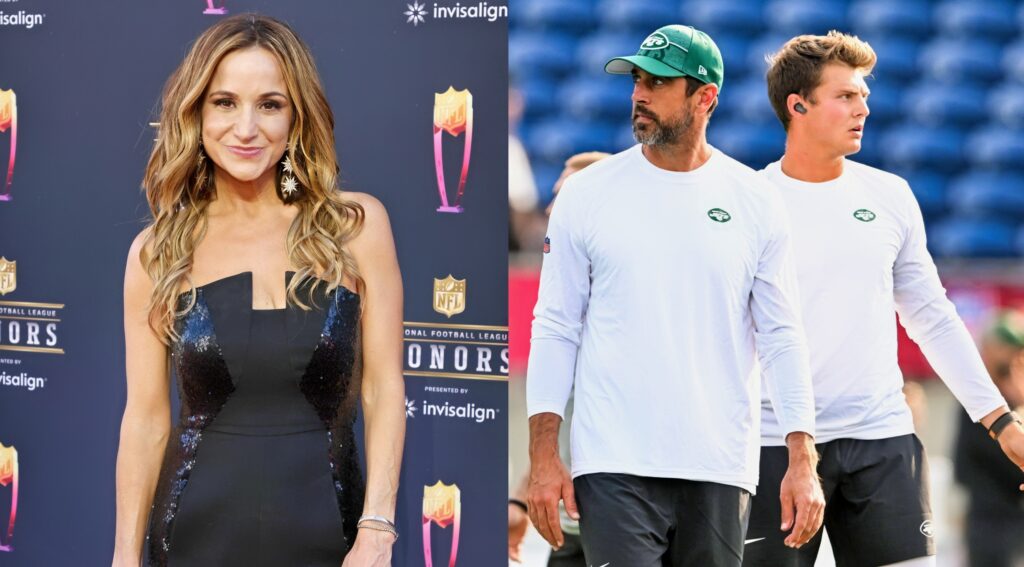 NFL reporter Dianna Russini smiling at event (left). Jets quarterbacks Aaron Rodgers and Zach Wilson looking on (right).