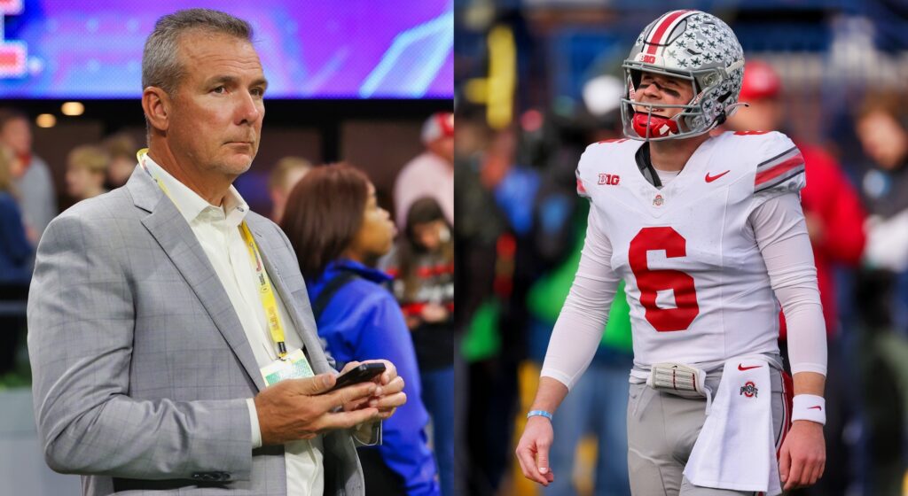Urban Meyer (left) looking on. Kyle McCord (right) reacts at game.