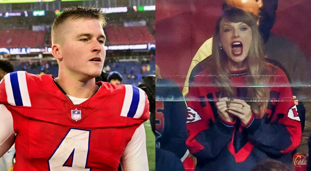 New England Patriots quarterback Bailey Zappe looking on (left). Singer Taylor Swift reacting during game (right).