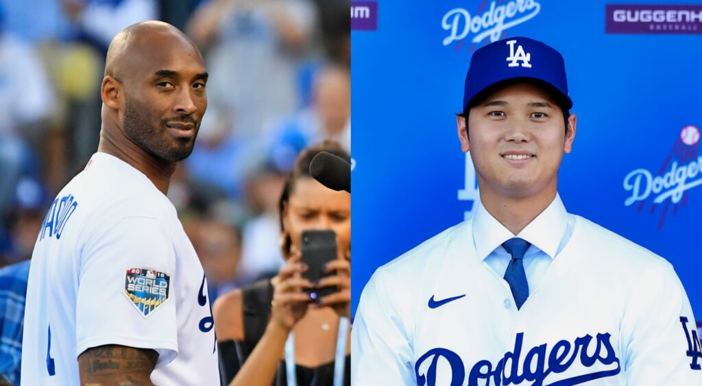 Kobe Bryant looking on (left). Shohei Ohtani at press conference (right).