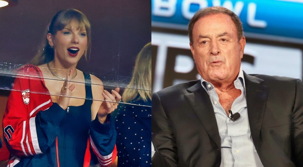 Taylor Swift reacting during Chiefs game (left). Al Michaels looking on (right).