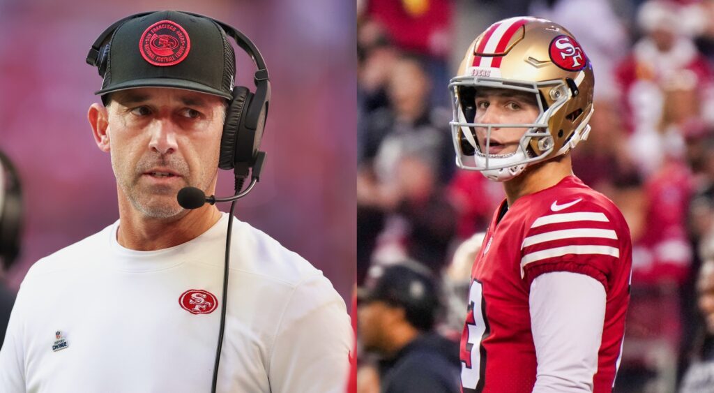 San Francisco 49ers head coach Kyle Shanahan looking on (left). Quarterback Brock Purdy looking on (right).