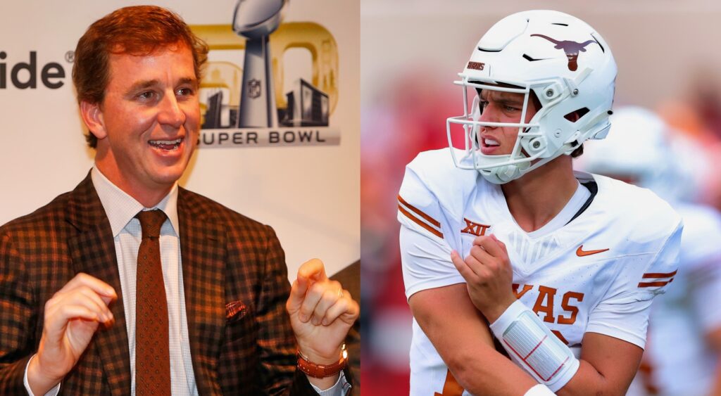 Cooper Manning looking ahead (left). Arch Manning warming up (right).