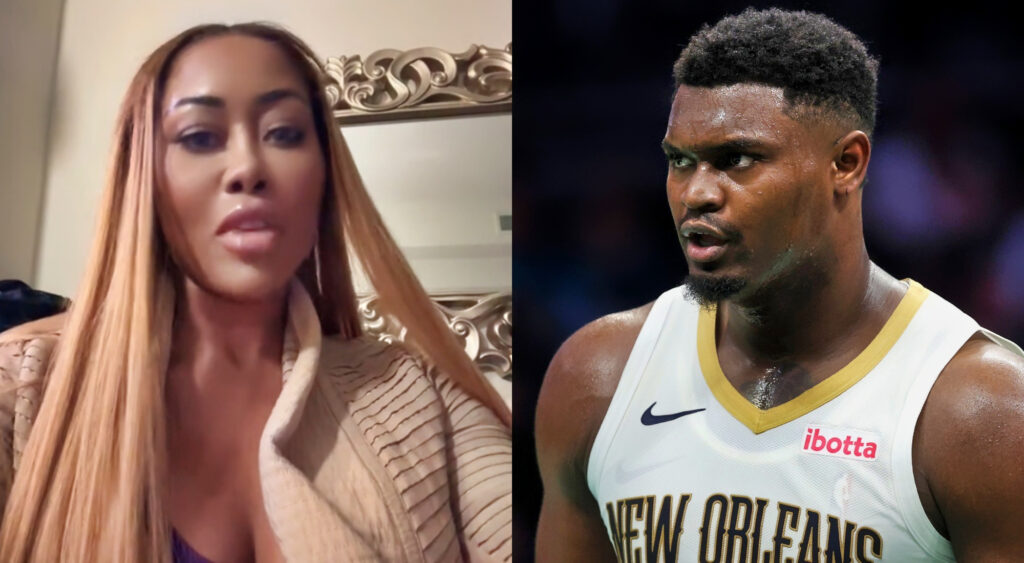 Photo of Moriah Mills speaing on TikTok and photo of Zion Williamson in Pelicans jersey