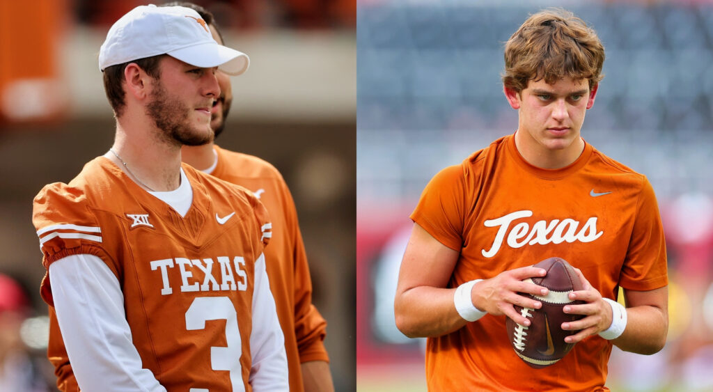 Photos of Quinn Ewers and Arch Manning in Texas shirts