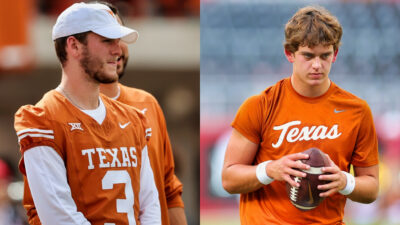 Photos of Quinn Ewers and Arch Manning in Texas shirts