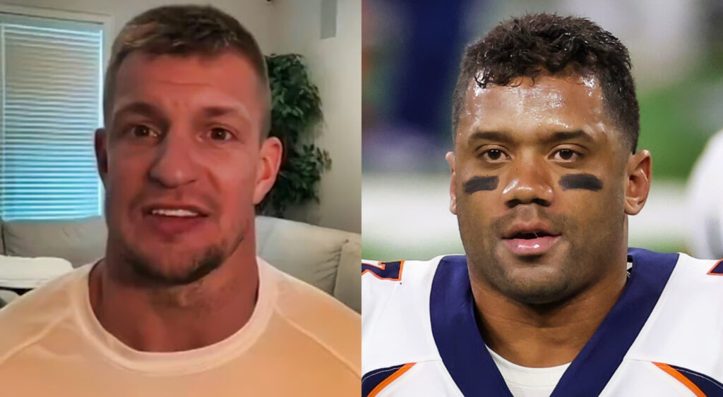 Photo of Rob Gronkowskiin white T-shirt and photo of Russell Wilson in Broncos jersey