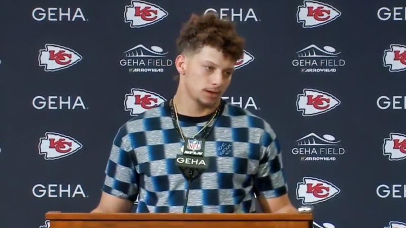 Patrick Mahomes speaking to reporters after game.