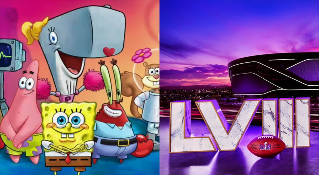 Photo of SpongeBob SquarePants cast and Super Bowl 58 graphic