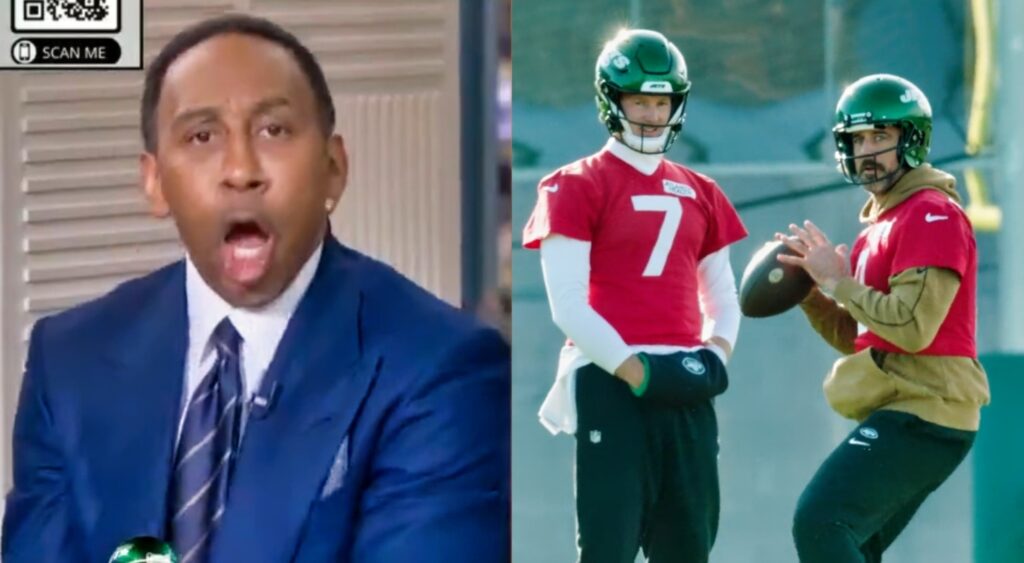 Photo of Stephen A. Smith on First Take and photo of Aaron Rodgers in practice