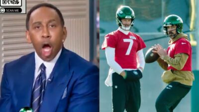 Photo of Stephen A. Smith on First Take and photo of Aaron Rodgers in practice