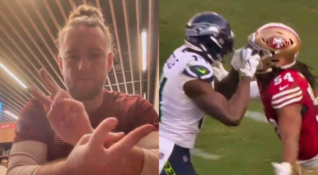 Photo of Taybpor Pepper speaking in sign language and photo of DK Metcalf holding Fred Warner's helmet