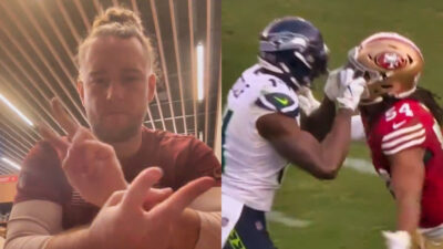Photo of Taybpor Pepper speaking in sign language and photo of DK Metcalf holding Fred Warner's helmet
