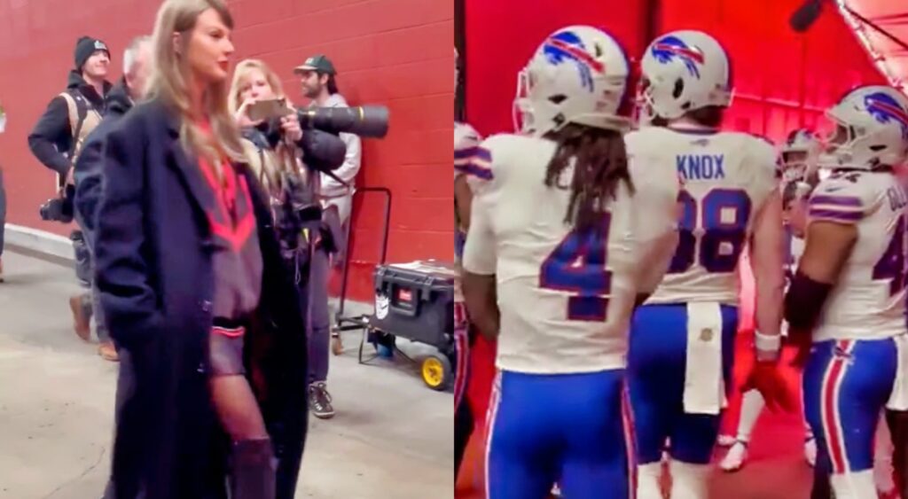 Taylor Swift walking in the Locker room area and Bills players standing around.
