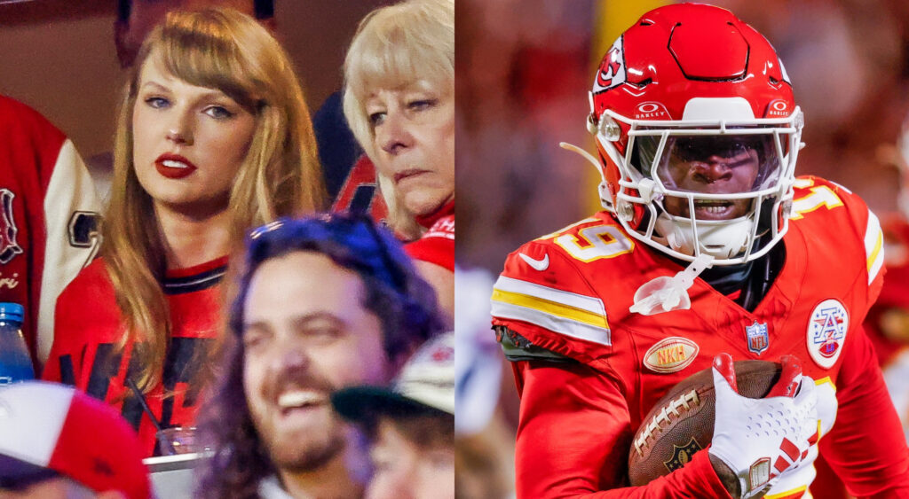 Photo of Taylor Swift looking unimpressed and photo of Kadarius Toney running with football