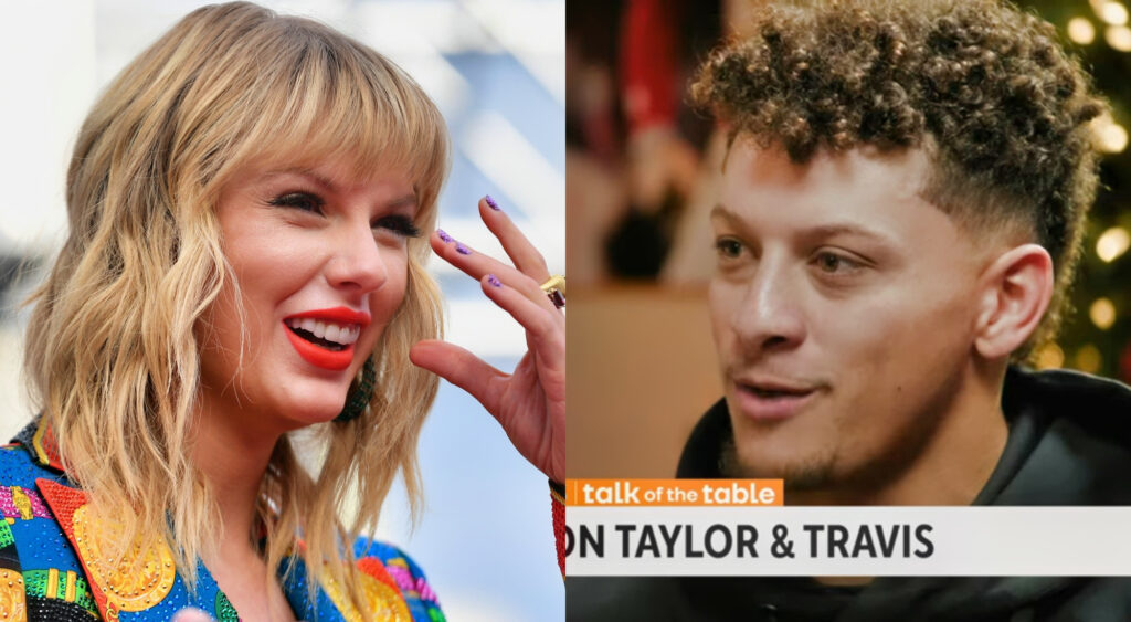 Photo of Taylor Swift smiling and photo of Patrick Mahomes being interviewed