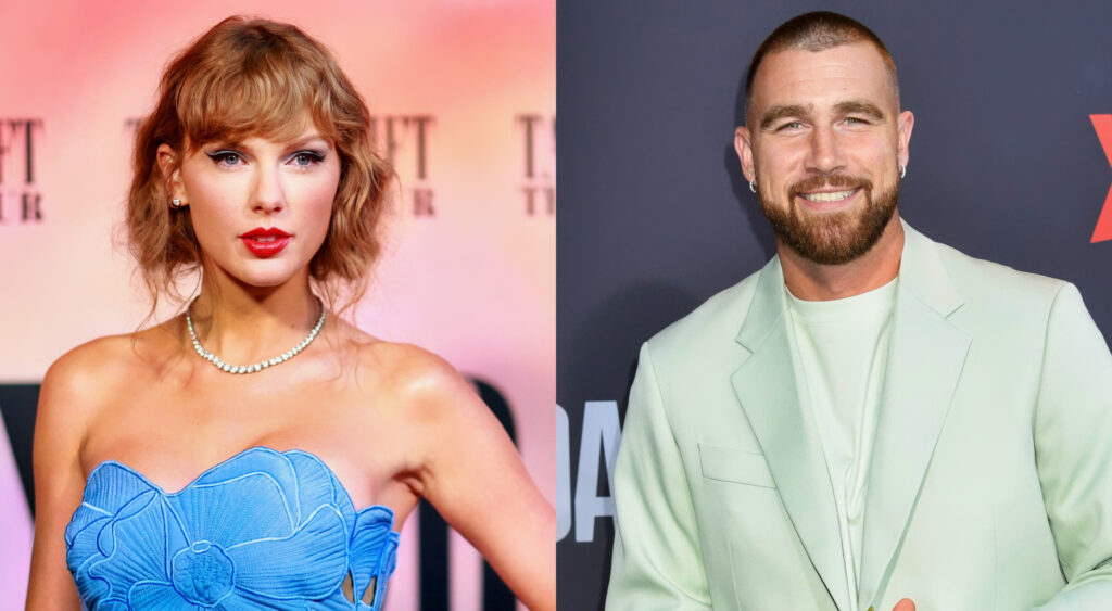 Photos of Taylor Swift in blue dress and Travis Kelce in white suit