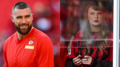 Travis Kelce smiling in chiefs shirt. Taylor Swift in suite