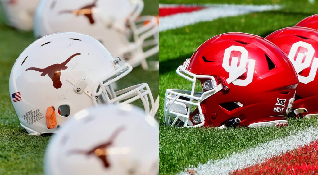Texas and Oklahoma helmets on the field.