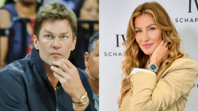 Photo of Tom Brady with a hand on his chin and photo of Gisele Bundchen with a hand on her face
