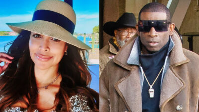 Photo of Tracey Edmonds wearing a hat and Deion Sanders wearing coat and shades