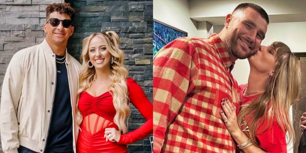 Travis Kelce and Swift kissing. Patrick and Brittany Mahomes posing