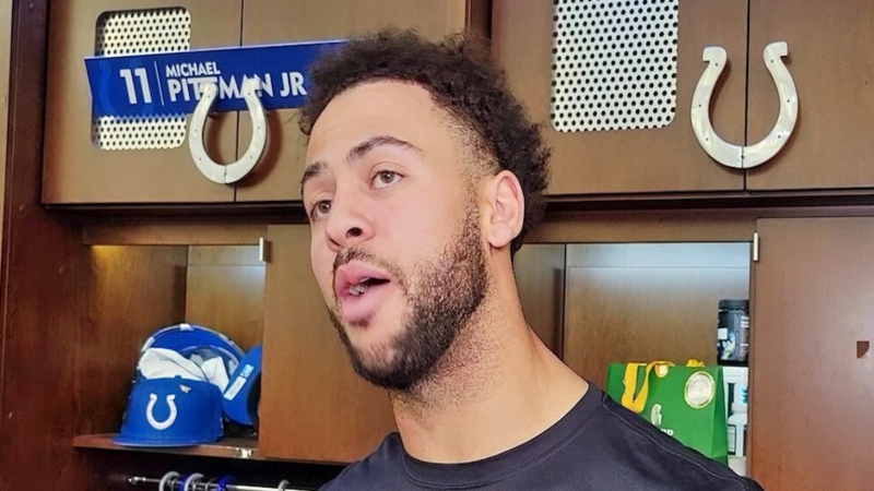 Indianapolis Colts wide receiver Michael Pittman Jr. speaking to reporters.